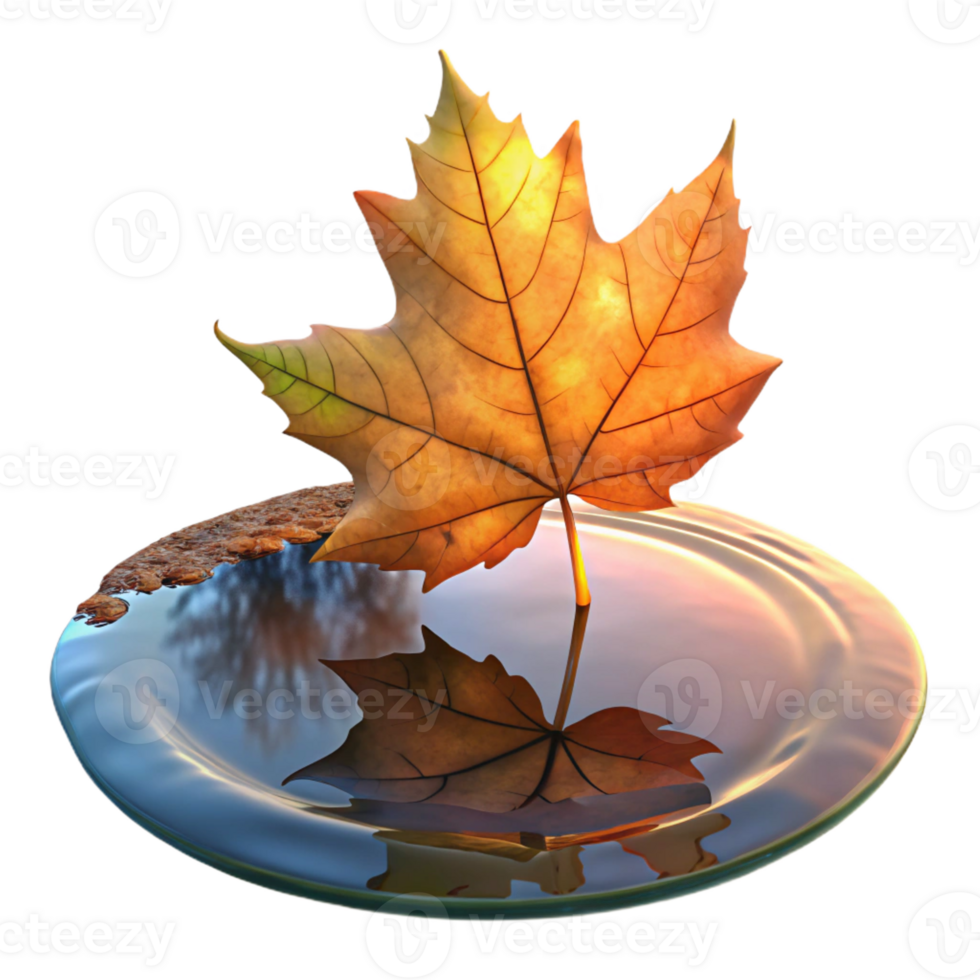 extraordinary classic A fallen autumn leaf floating on a still pond, reflecting the surrounding trees, calm evening light, impressionistic style 4K png