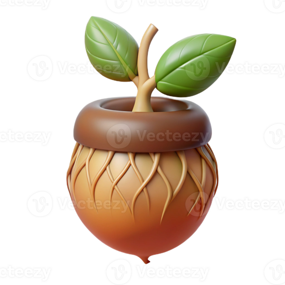 stunning classic A sprouting acorn with a delicate root system visible, warm earth tones, botanical illustration style high quality png