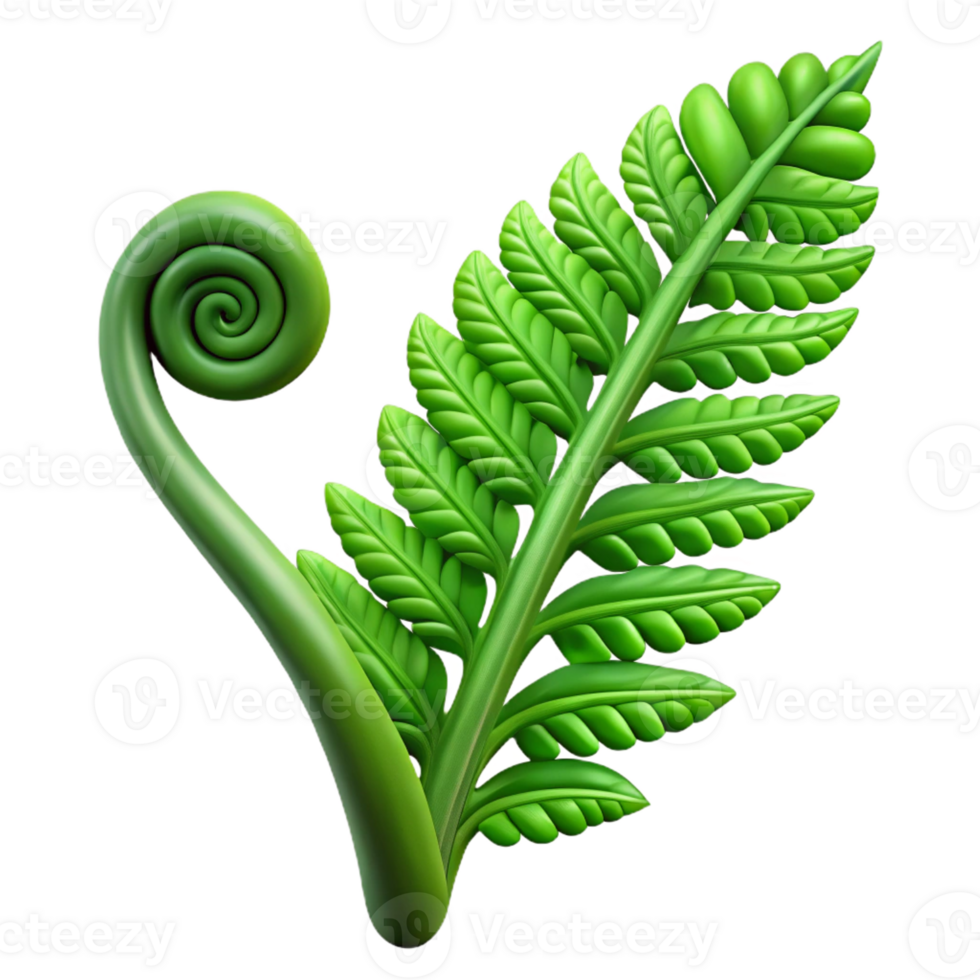 elegant artistic A lush green fern frond unfurling, dappled forest light, botanical illustration style detailed png