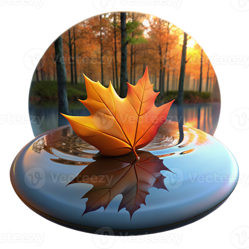 wonderful contemporary A fallen autumn leaf floating on a still pond, reflecting the surrounding trees, calm evening light, impressionistic style detailed png