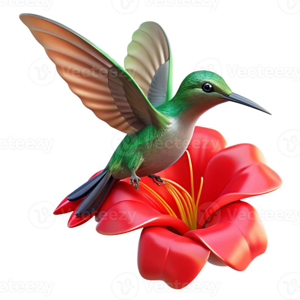 serene traditional A hummingbird hovering near a vibrant red flower, blurred motion, dynamic lighting, nature photography style authentic png