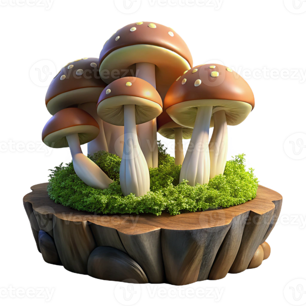 extraordinary rustic A cluster of wild mushrooms growing on a mossy log, dim forest light, fantasy art style high quality png