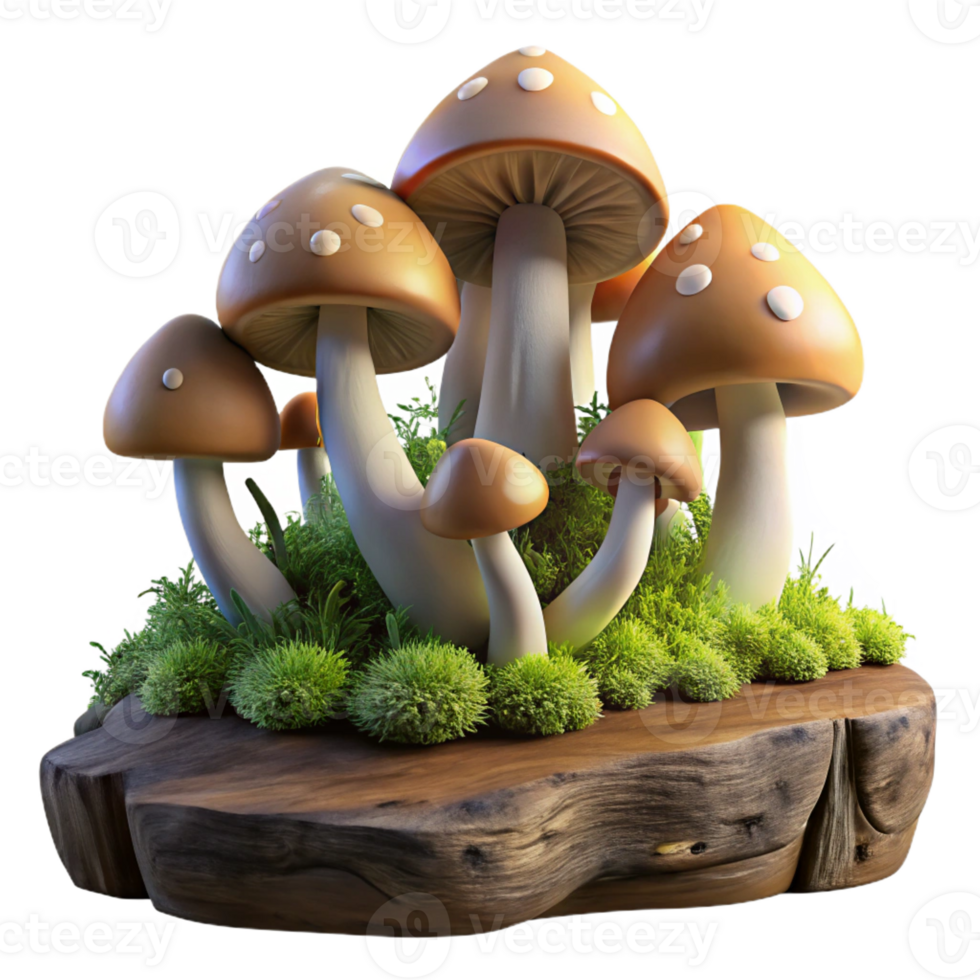 wonderful contemporary A cluster of wild mushrooms growing on a mossy log, dim forest light, fantasy art style premium png