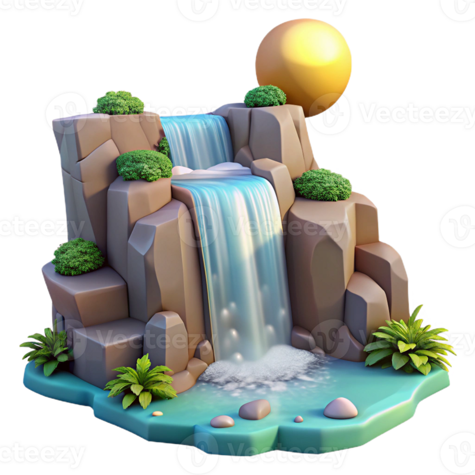 magnificent rustic A flowing waterfall cascading down a rocky cliff, bright midday sun, landscape photography style original png