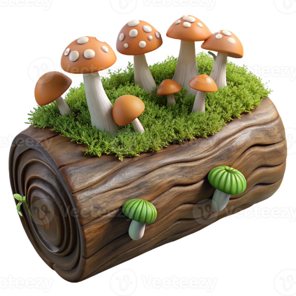 elegant contemporary A decaying log covered in mushrooms and moss, dim forest light, photorealistic style high quality png