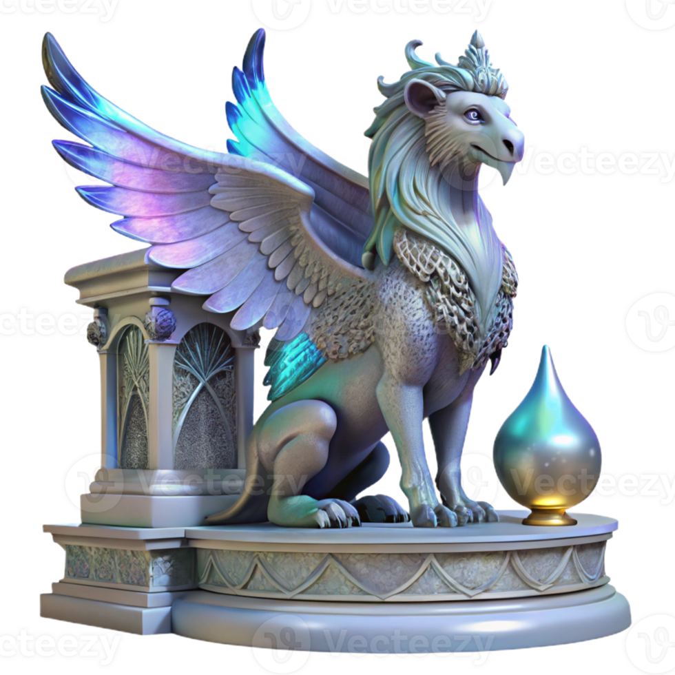 wonderful rustic A majestic griffin with iridescent feathers, perched atop a crumbling marble altar, bathed in ethereal moonlight, Art Nouveau style original png
