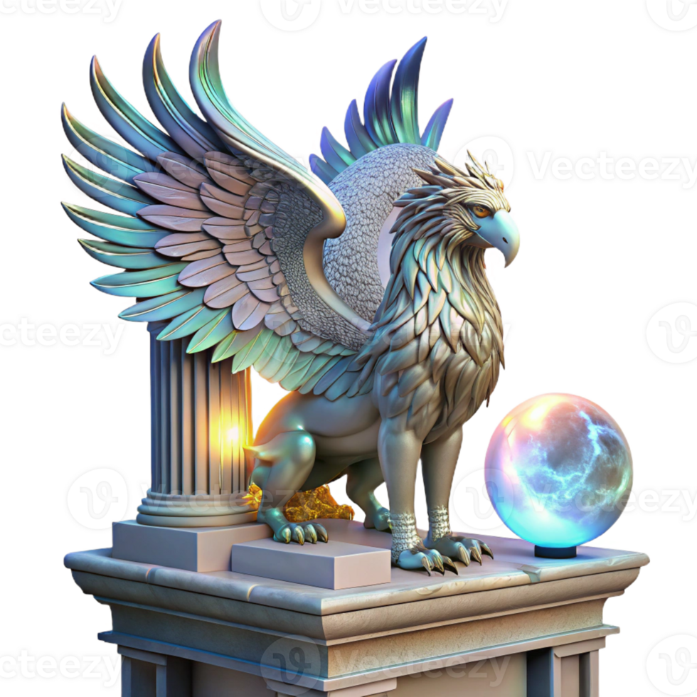 extraordinary classic A majestic griffin with iridescent feathers, perched atop a crumbling marble altar, bathed in ethereal moonlight, Art Nouveau style 4K png