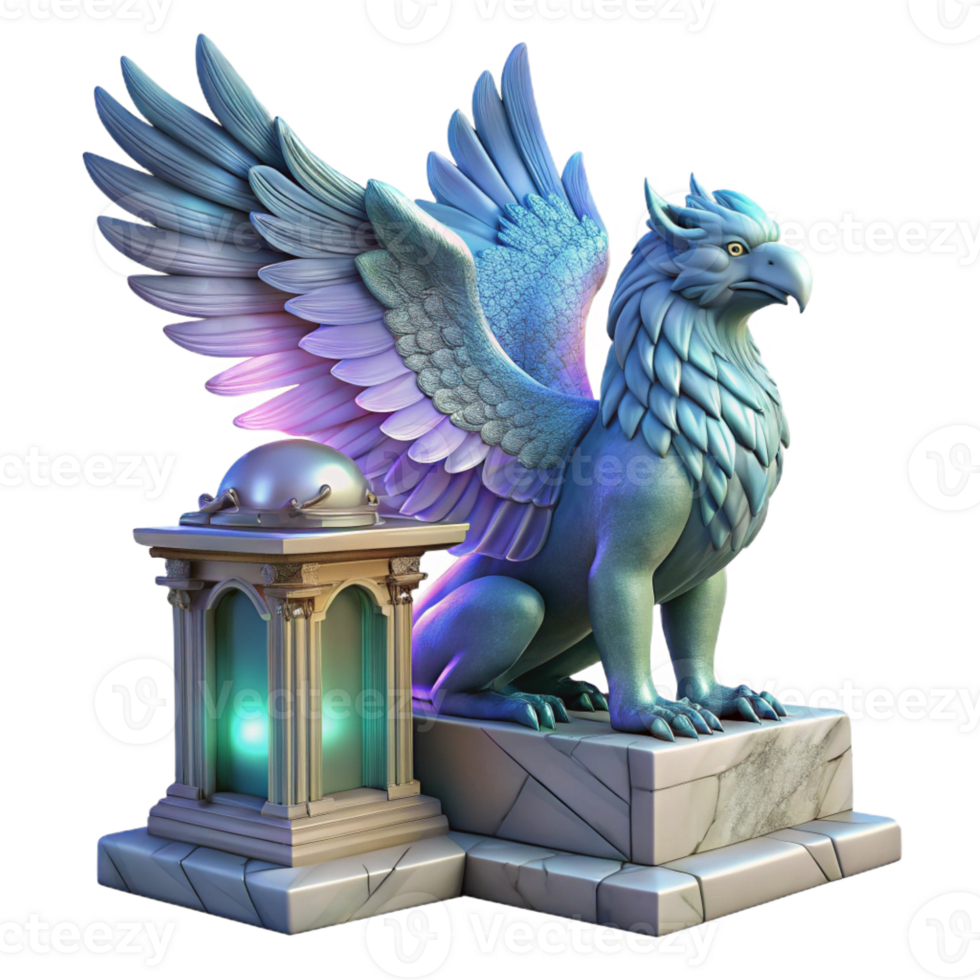 dramatic contemporary A majestic griffin with iridescent feathers, perched atop a crumbling marble altar, bathed in ethereal moonlight, Art Nouveau style detailed png