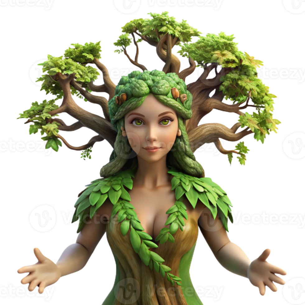 beautiful artistic A serene dryad emerging from an ancient oak tree, adorned with moss and vines, soft dappled sunlight, Pre-Raphaelite style premium png