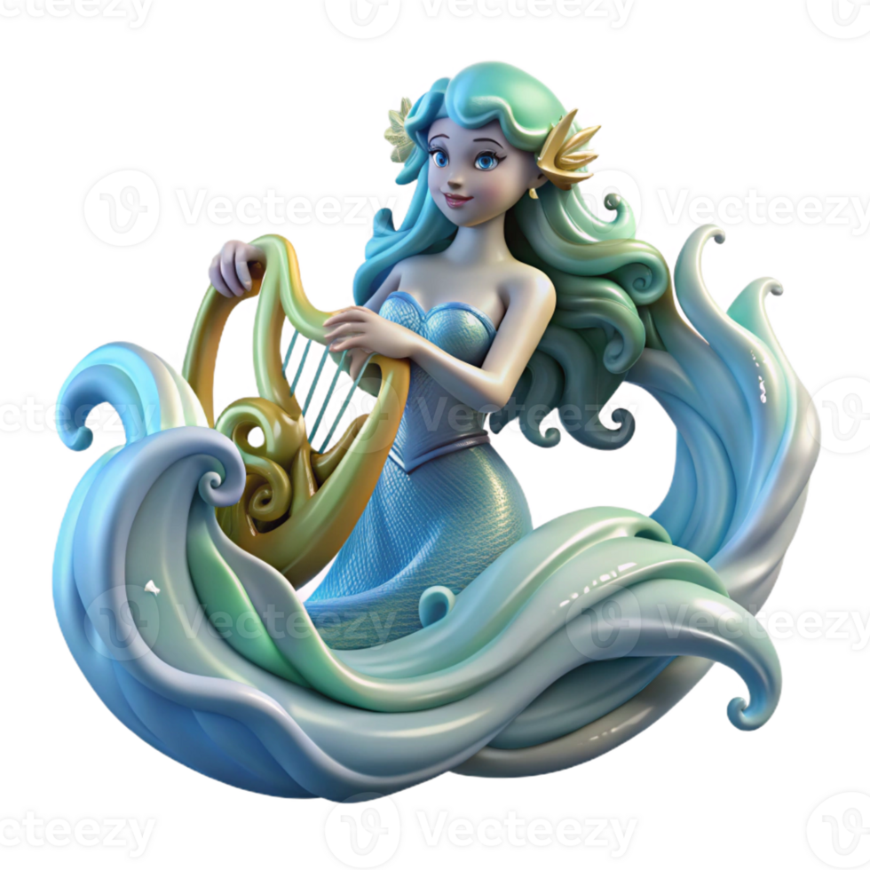stunning rustic A beautiful siren luring sailors with an enchanting lyre, surrounded by swirling ocean currents, Art Deco style high quality png