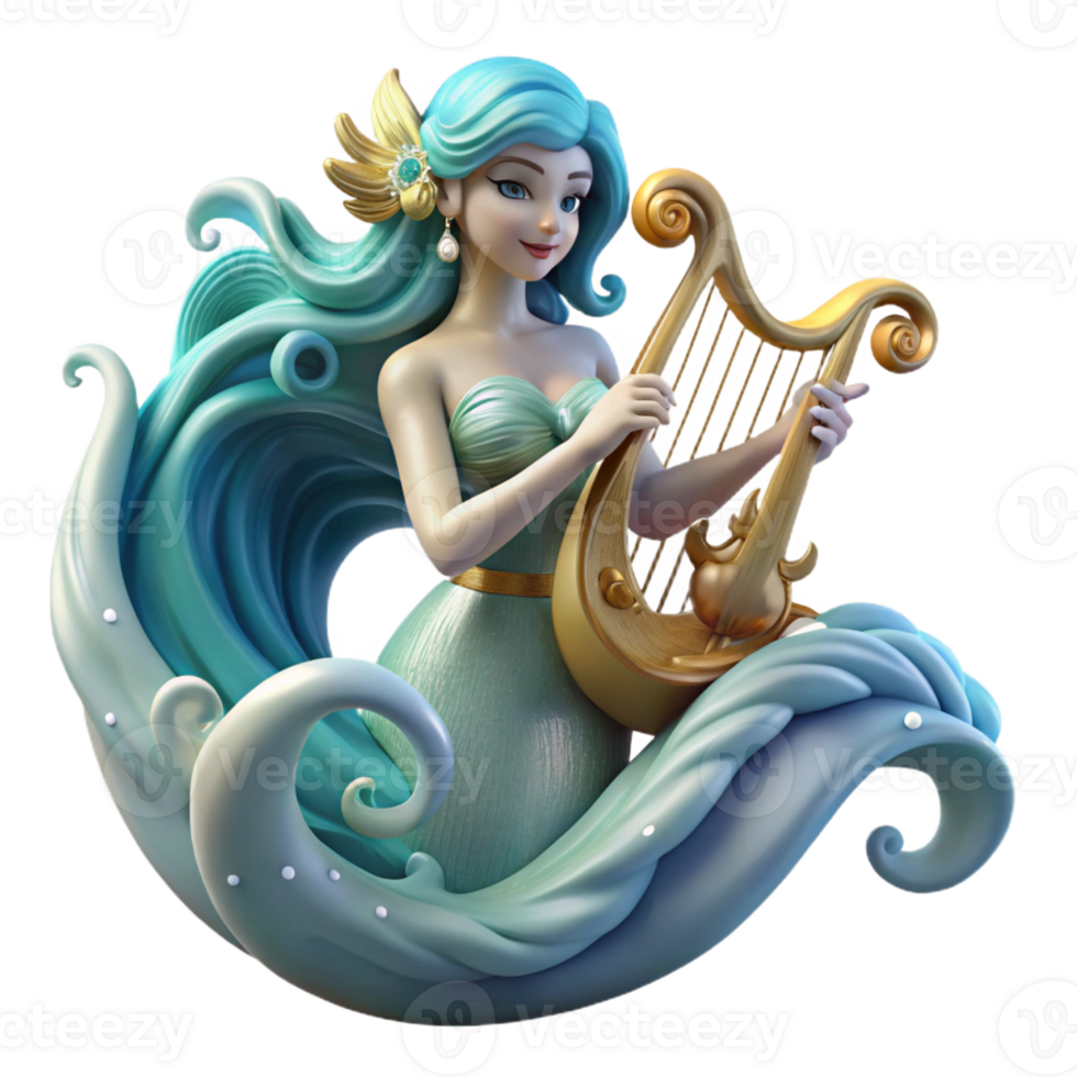 impressive vintage A beautiful siren luring sailors with an enchanting lyre, surrounded by swirling ocean currents, Art Deco style 4K png