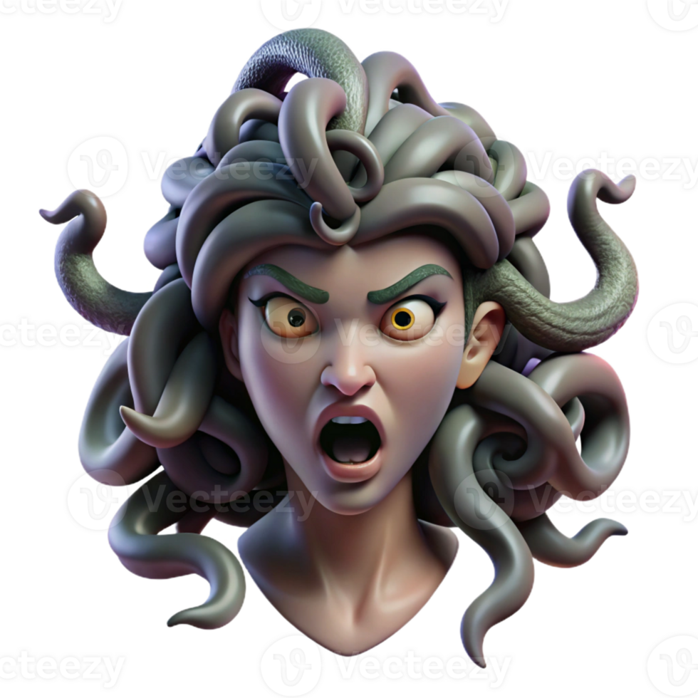 elegant contemporary A fearsome Medusa, snakes writhing in her hair, petrifying gaze, dark and moody lighting, Baroque style original png