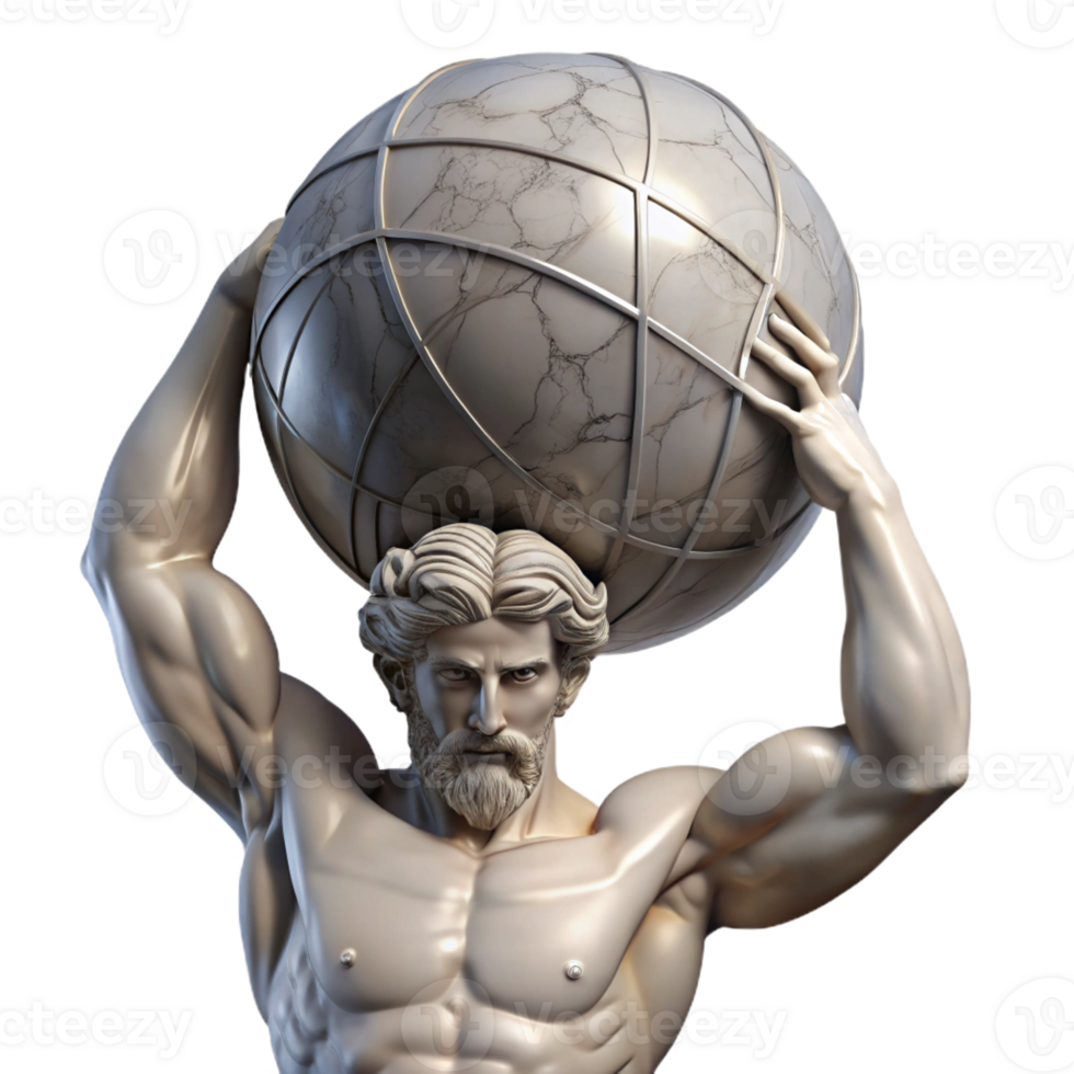 serene creative A stoic Atlas holding the celestial sphere, muscles straining, dramatic overhead lighting, Michelangelo style exclusive png