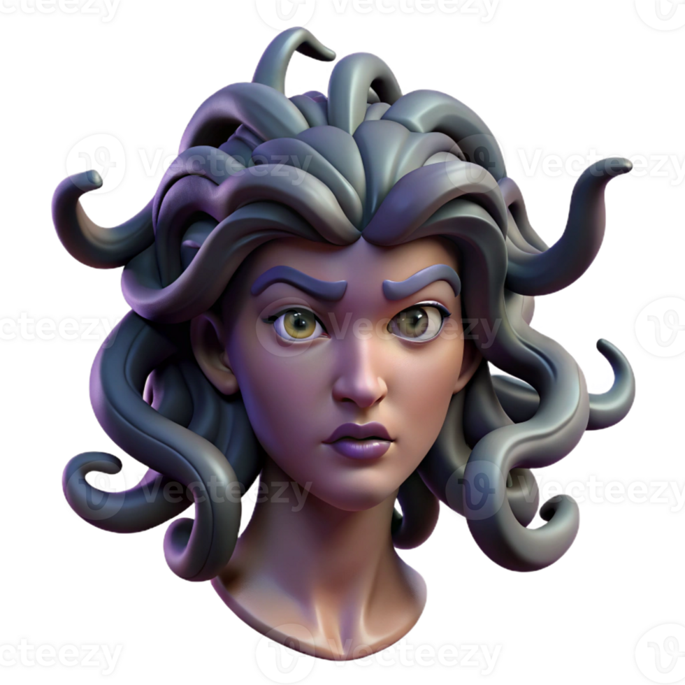 extraordinary minimalist A fearsome Medusa, snakes writhing in her hair, petrifying gaze, dark and moody lighting, Baroque style 4K png