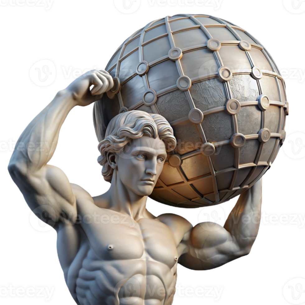 impressive traditional A stoic Atlas holding the celestial sphere, muscles straining, dramatic overhead lighting, Michelangelo style high resolution png