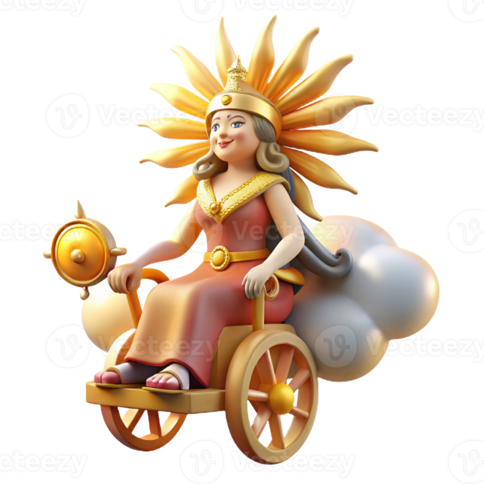 serene modern A benevolent Sun goddess riding a chariot across the sky, radiating sunlight, bright and airy lighting, Aztec mythology style high resolution png