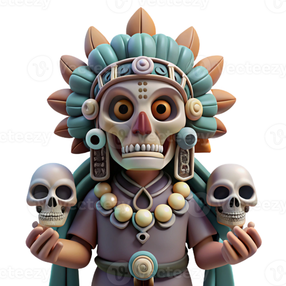 dramatic traditional A wise Mictlantecuhtli, god of the underworld, adorned with skulls and bones, dark and moody lighting, Aztec mythology style exclusive png
