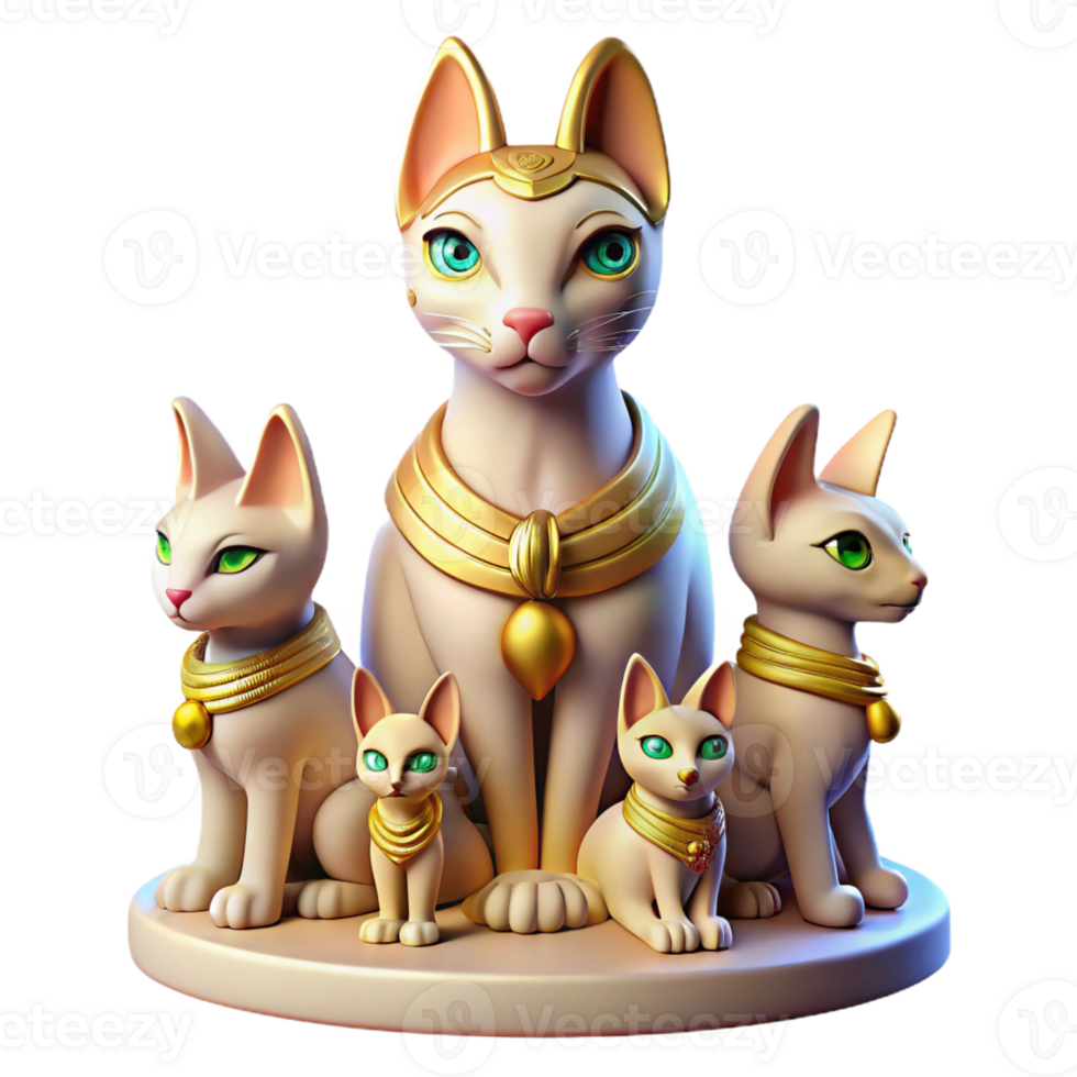 impressive abstract A benevolent Bastet, cat goddess, surrounded by kittens, soft and warm lighting, Egyptian mythology style detailed png