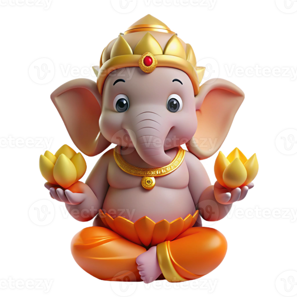 serene minimalist A wise Ganesha, elephant-headed god, holding a lotus flower, serene lighting, Hindu mythology style high resolution png