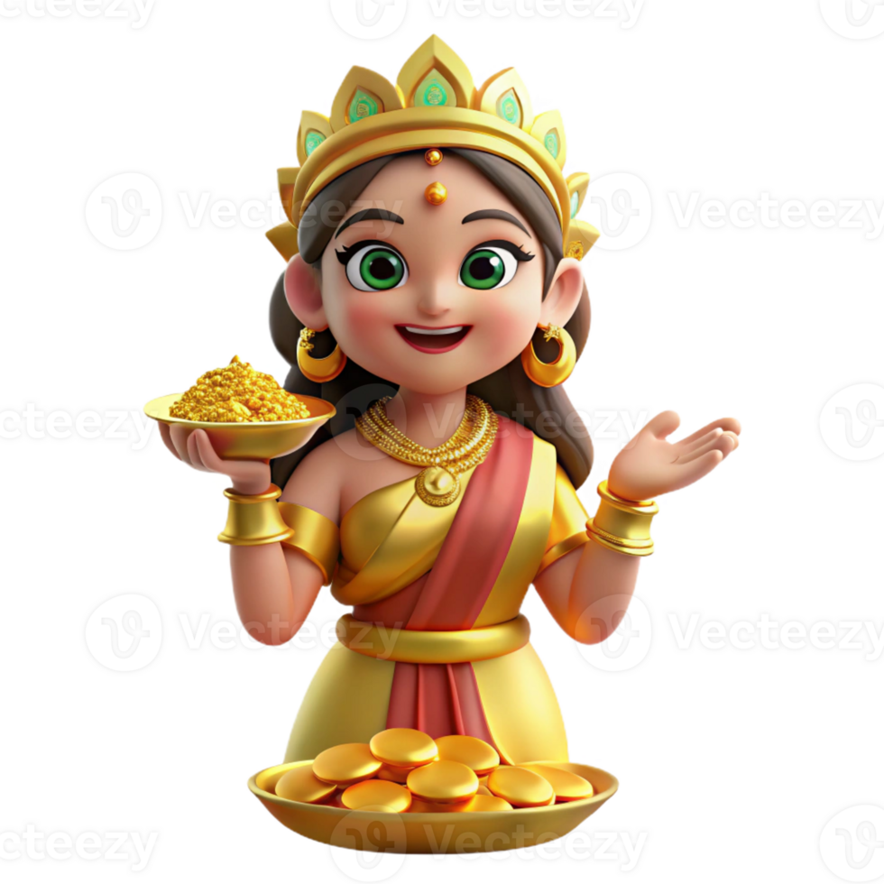 serene classic A loving Lakshmi, goddess of fortune, showering gold coins, opulent lighting, Hindu mythology style professional png
