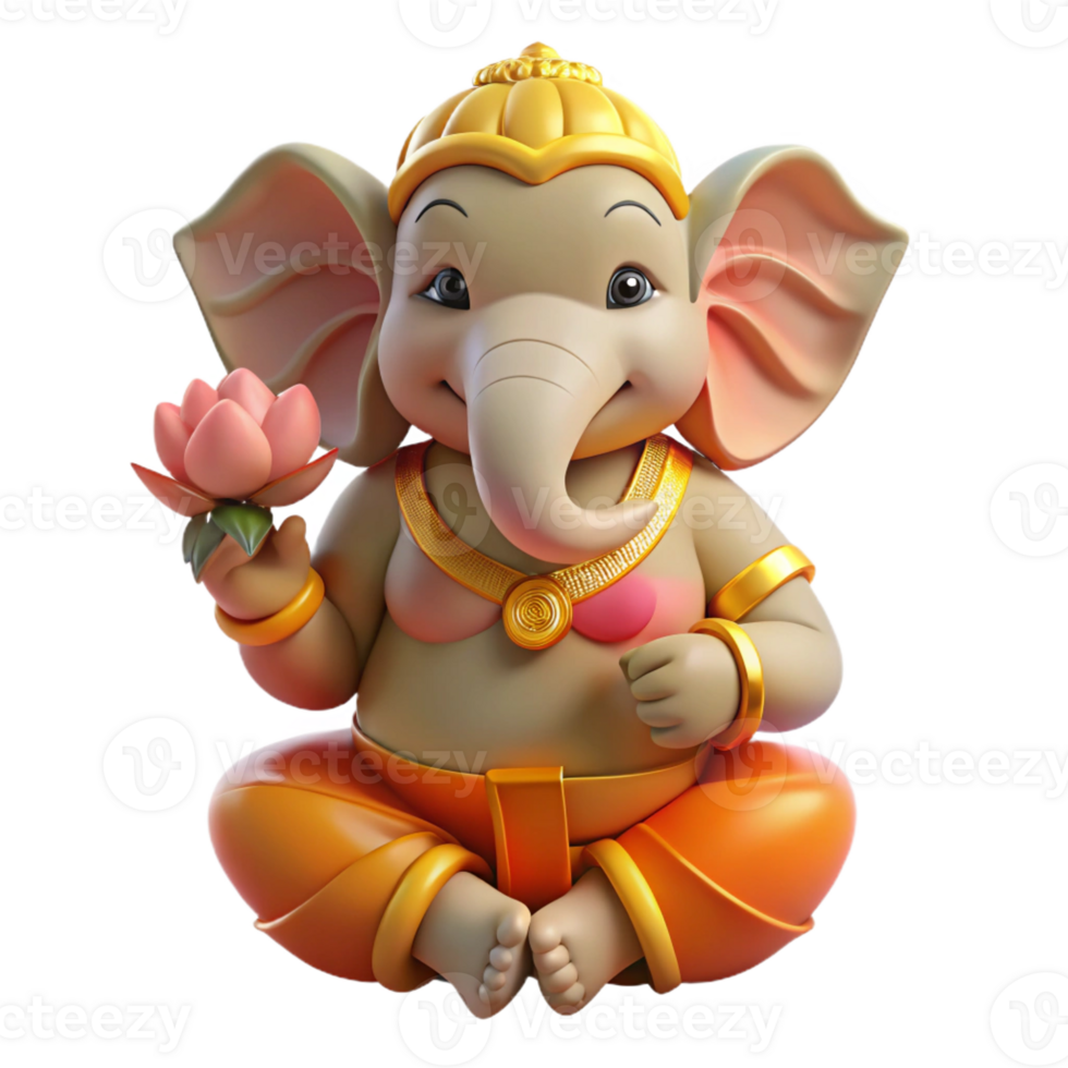 dramatic traditional A wise Ganesha, elephant-headed god, holding a lotus flower, serene lighting, Hindu mythology style authentic png