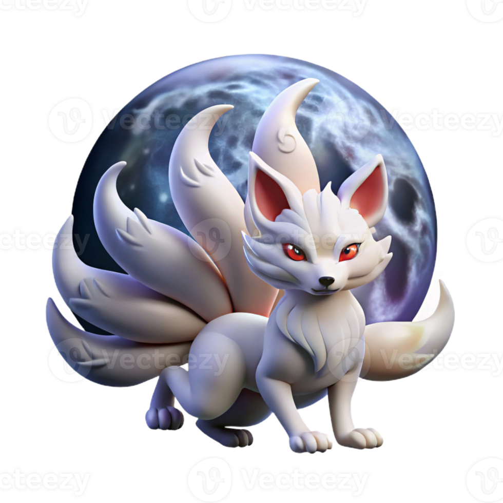 wonderful classic A mischievous Kitsune, nine-tailed fox spirit, transforming under a full moon, ethereal moonlight, Japanese mythology style 4K png