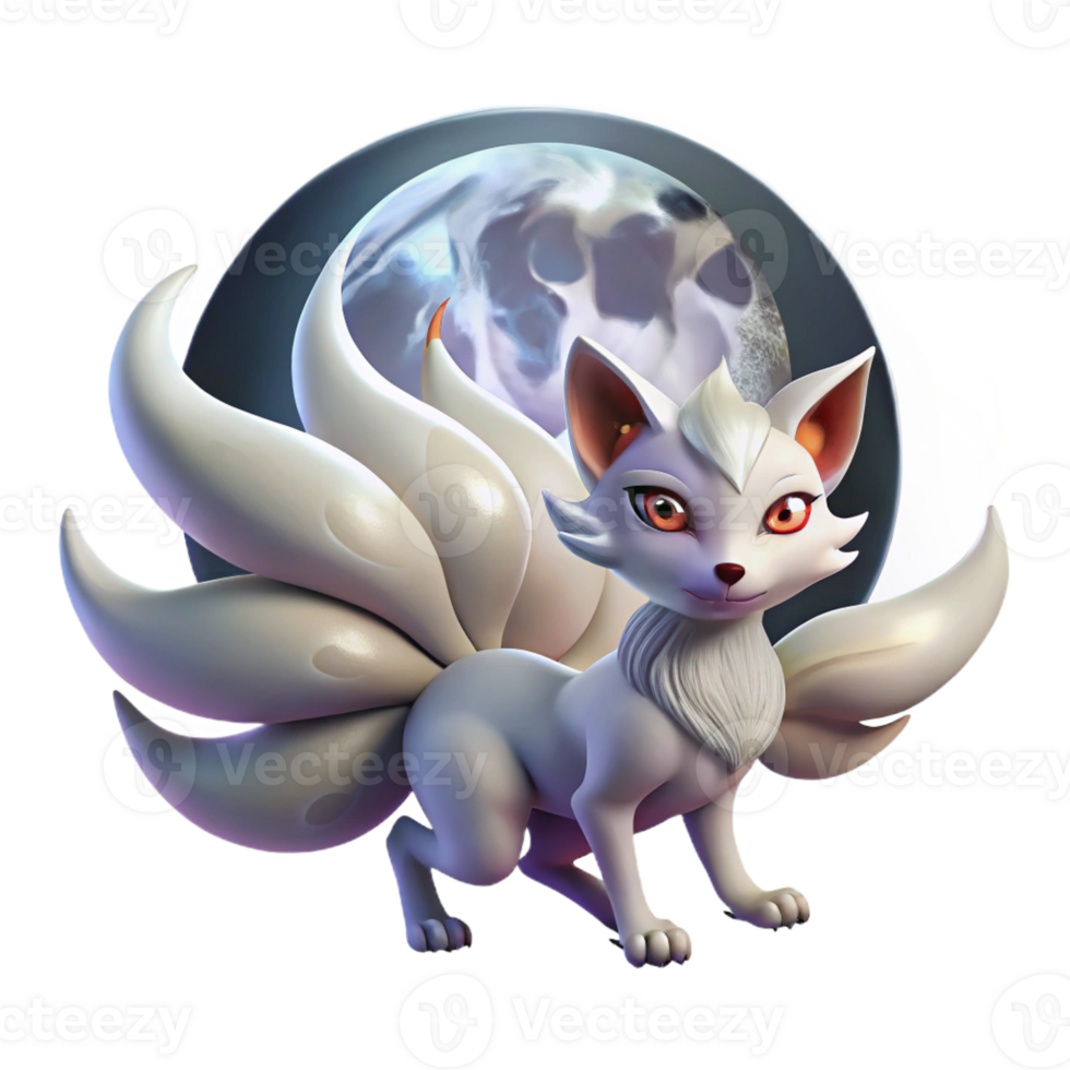 dramatic modern A mischievous Kitsune, nine-tailed fox spirit, transforming under a full moon, ethereal moonlight, Japanese mythology style high quality png