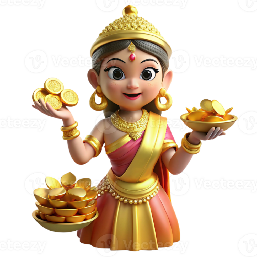 magnificent vintage A loving Lakshmi, goddess of fortune, showering gold coins, opulent lighting, Hindu mythology style 4K png