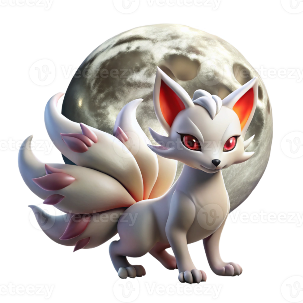 serene modern A mischievous Kitsune, nine-tailed fox spirit, transforming under a full moon, ethereal moonlight, Japanese mythology style authentic png