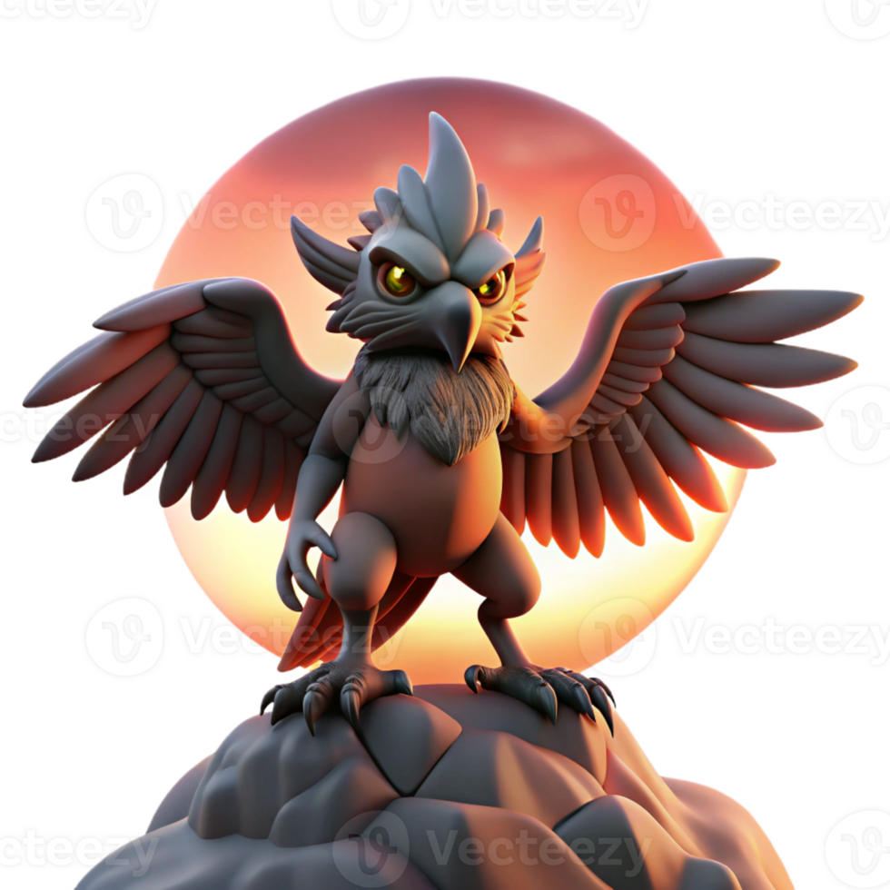 dramatic vintage A powerful Tengu, winged goblin, perched atop a mountain peak, dramatic sunset lighting, Japanese mythology style high quality png