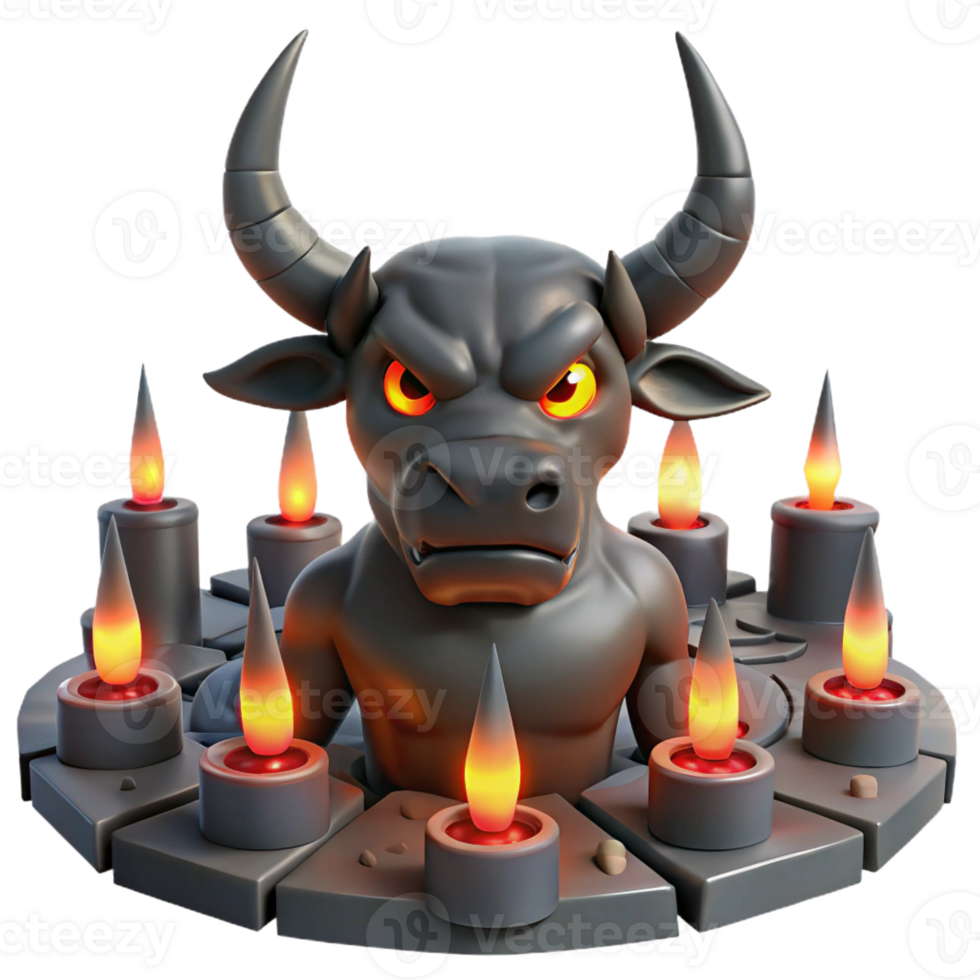 vibrant classic A fearsome Minotaur with glowing red eyes, trapped in a labyrinth of obsidian mirrors, lit by flickering torches, in a surrealist style premium png