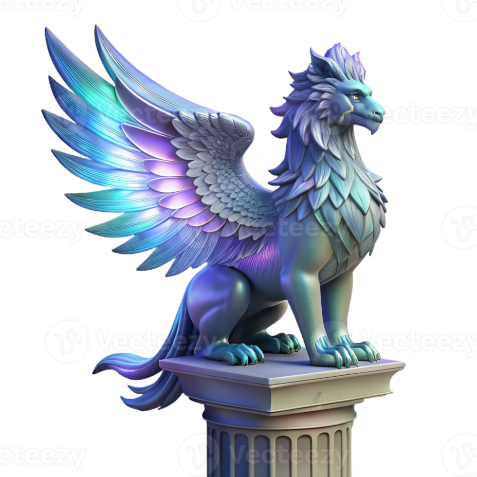 magnificent contemporary A majestic griffin with iridescent feathers, perched atop a crumbling marble pillar, lit by a single shaft of ethereal moonlight, in a hyperrealistic style detailed png