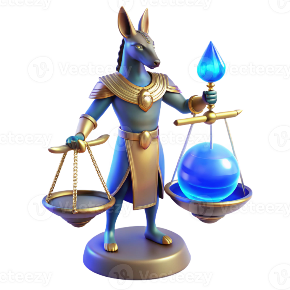 serene modern A stoic Anubis, weighing a human heart against a feather on golden scales, illuminated by an otherworldly blue light, in an ancient Egyptian art style exclusive png