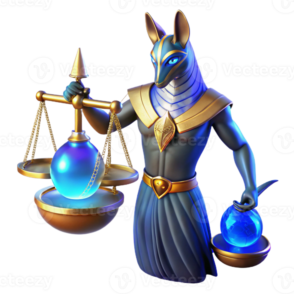 serene minimalist A stoic Anubis, weighing a human heart against a feather on golden scales, illuminated by an otherworldly blue light, in an ancient Egyptian art style genuine png