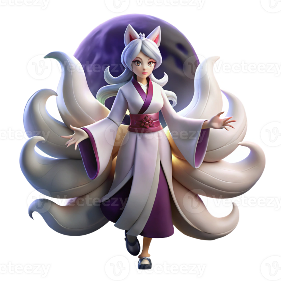 stunning minimalist A mischievous Japanese kitsune with nine flowing tails, transforming into a beautiful woman under a full moon, illuminated by soft moonlight, in an anime style premium png
