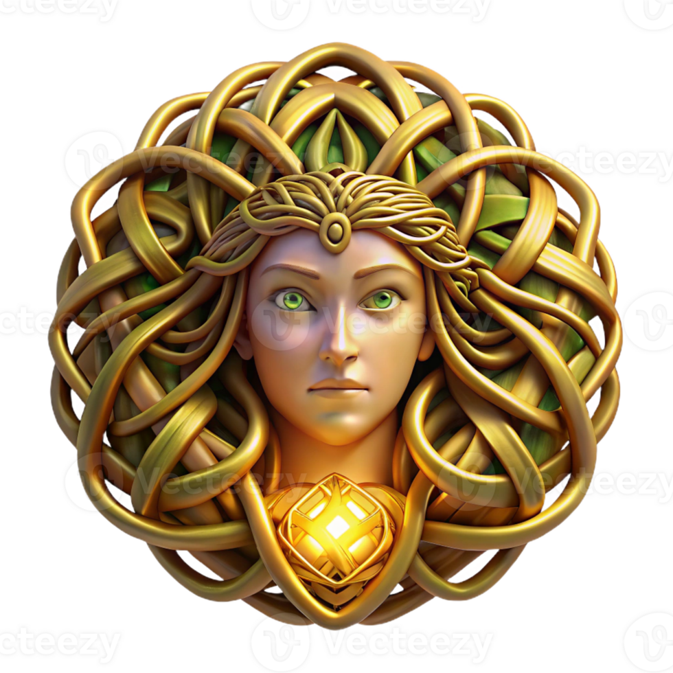 stunning rustic An intricate Celtic knotwork design forming a powerful dryad, her skin woven from bark and leaves, glowing with an inner golden light, in an Art Nouveau style authentic png