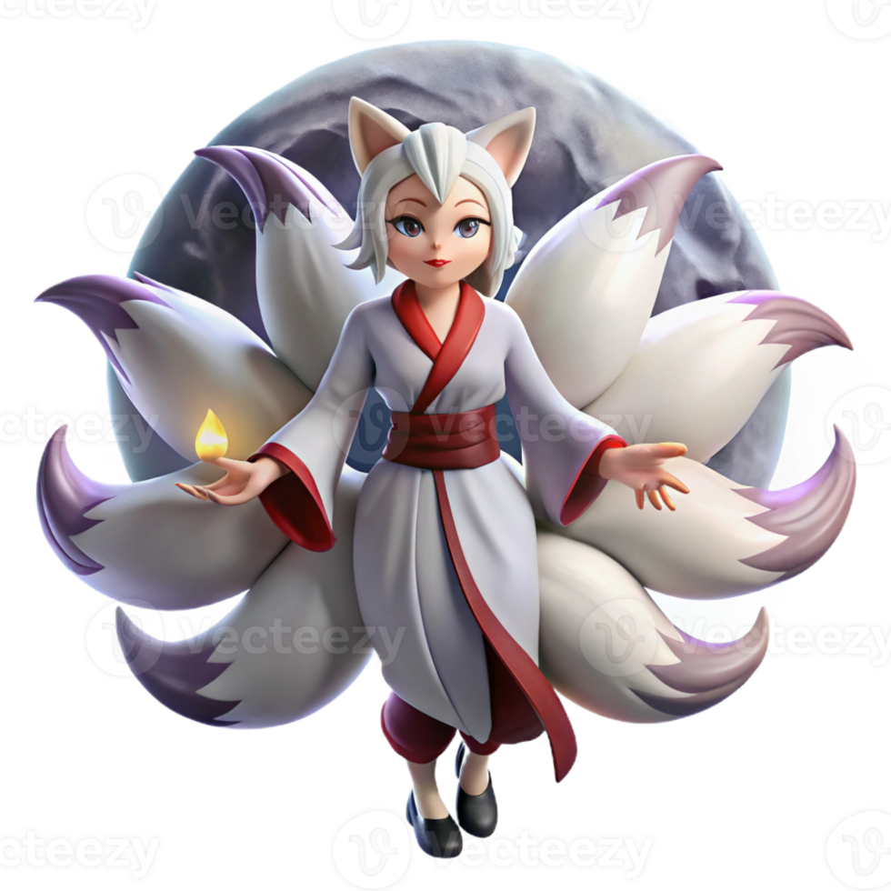 dramatic contemporary A mischievous Japanese kitsune with nine flowing tails, transforming into a beautiful woman under a full moon, illuminated by soft moonlight, in an anime style exclusive png