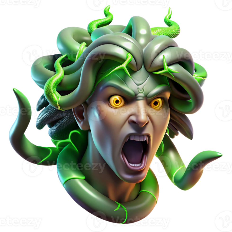 elegant creative A fierce Medusa, her snakes writhing and hissing, with scales of polished emerald, lit by crackling green lightning, in a Baroque painting style original png