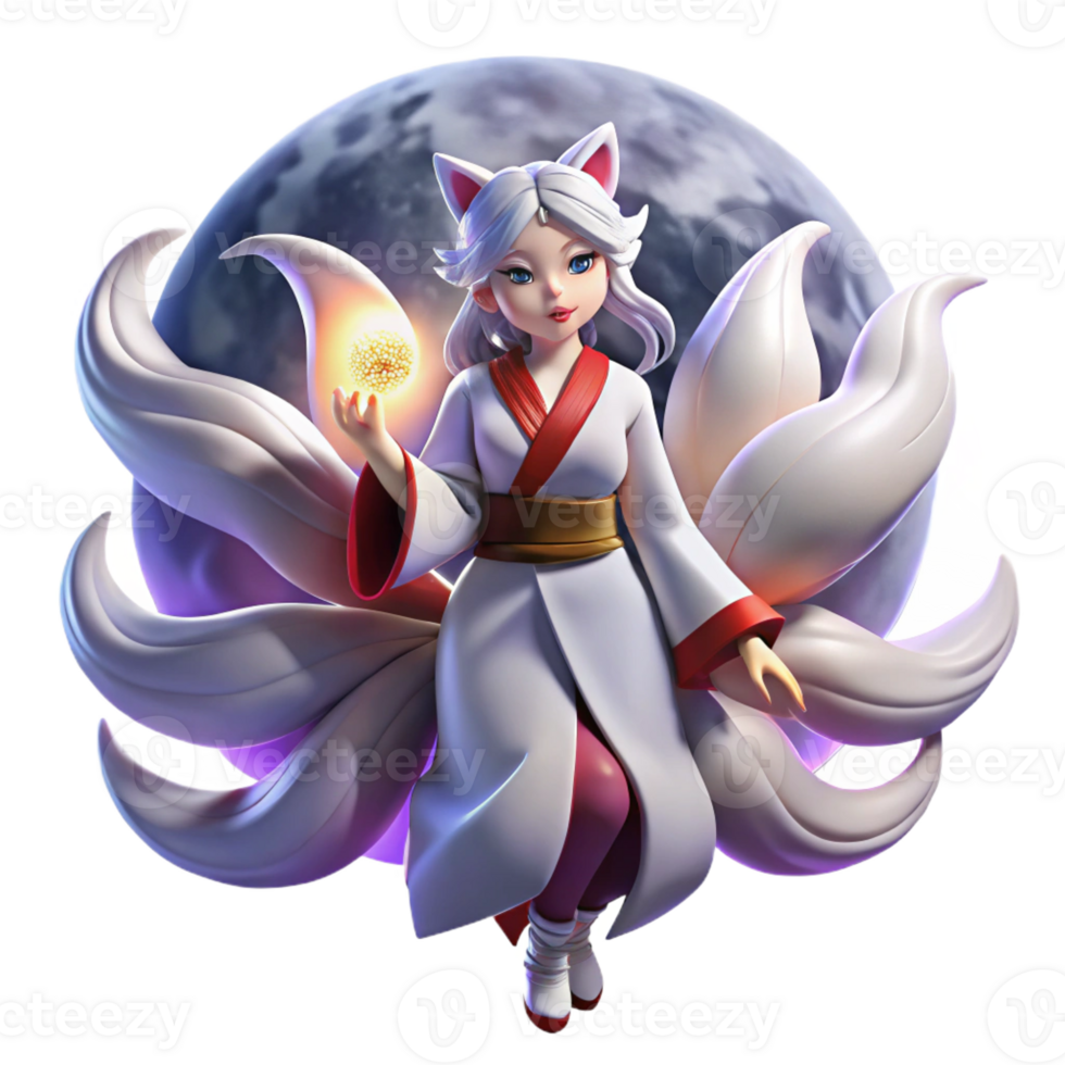 serene rustic A mischievous Japanese kitsune with nine flowing tails, transforming into a beautiful woman under a full moon, illuminated by soft moonlight, in an anime style authentic png