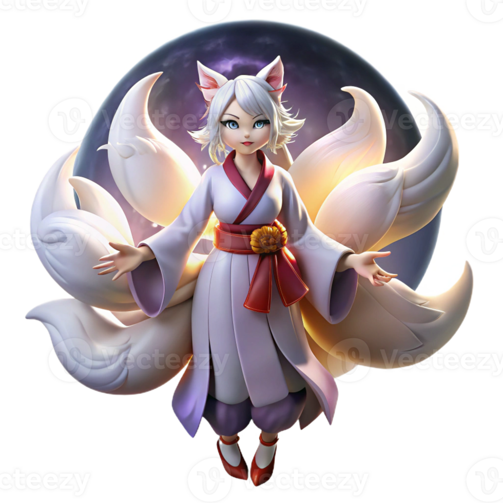 serene creative A mischievous Japanese kitsune with nine flowing tails, transforming into a beautiful woman under a full moon, illuminated by soft moonlight, in an anime style professional png