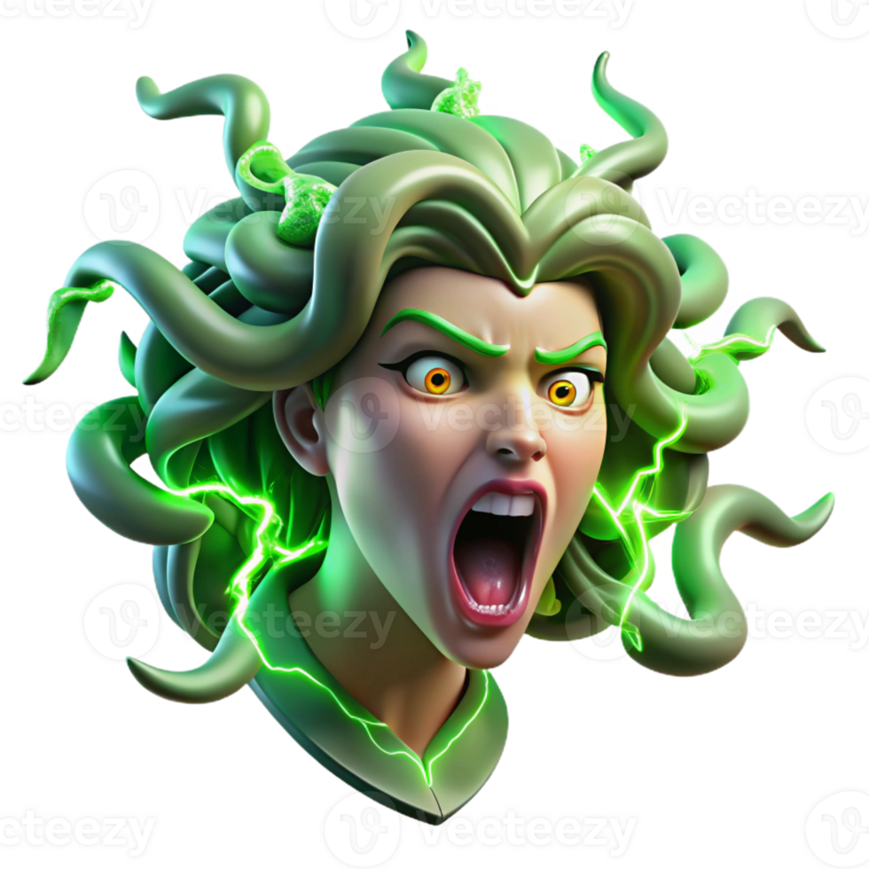 impressive contemporary A fierce Medusa, her snakes writhing and hissing, with scales of polished emerald, lit by crackling green lightning, in a Baroque painting style detailed png