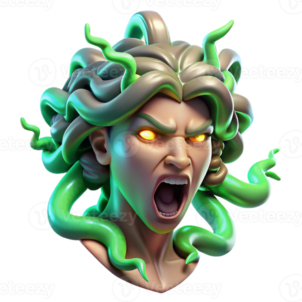 impressive classic A fierce Medusa, her snakes writhing and hissing, with scales of polished emerald, lit by crackling green lightning, in a Baroque painting style authentic png