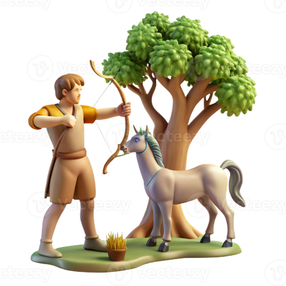beautiful rustic A wise centaur, teaching archery to a young human, under the shade of an ancient oak tree, illuminated by warm golden sunlight, in a Renaissance painting style genuine png