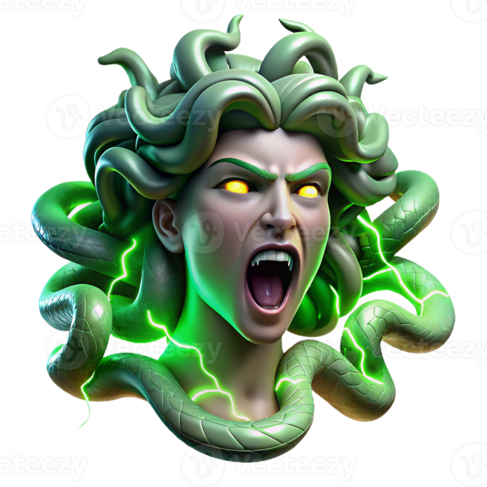 extraordinary artistic A fierce Medusa, her snakes writhing and hissing, with scales of polished emerald, lit by crackling green lightning, in a Baroque painting style professional png