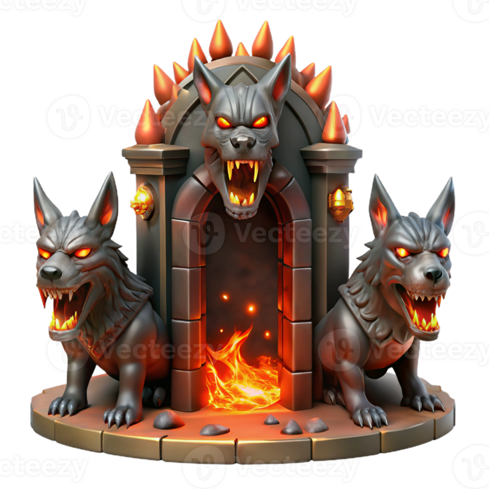 magnificent traditional A terrifying Cerberus, guarding the gates of the underworld, its three heads snarling, illuminated by fiery red light, in a dark fantasy art style 4K png