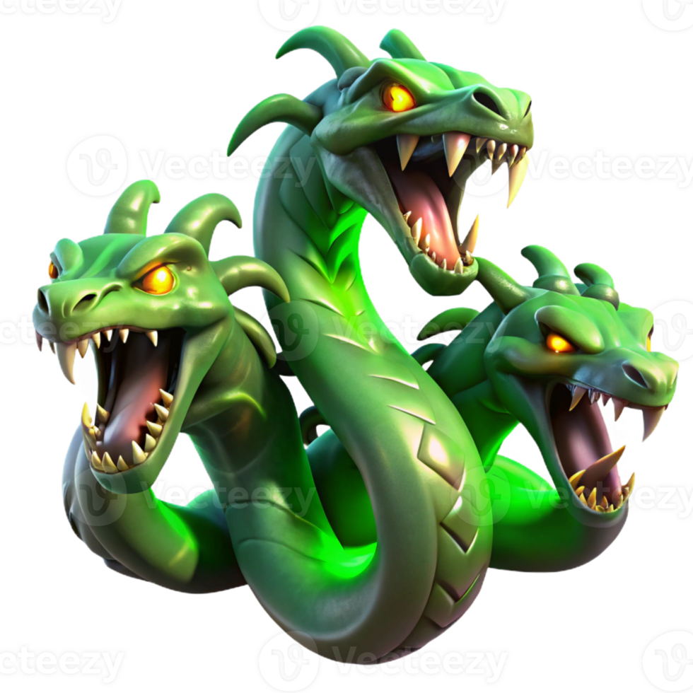 serene traditional A powerful hydra, its multiple heads hissing and snapping, its scales shimmering with venomous green, lit by flickering torchlight, in a dark fantasy art style high resolution png