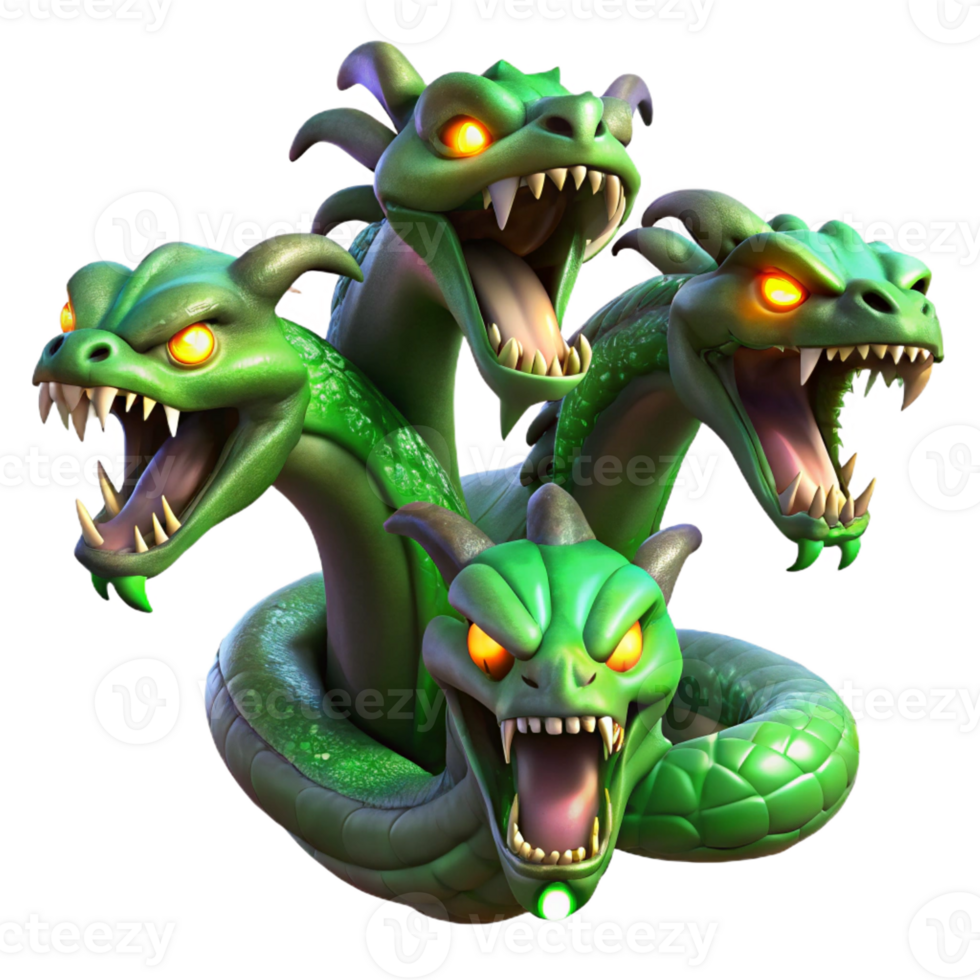 stunning modern A powerful hydra, its multiple heads hissing and snapping, its scales shimmering with venomous green, lit by flickering torchlight, in a dark fantasy art style exclusive png