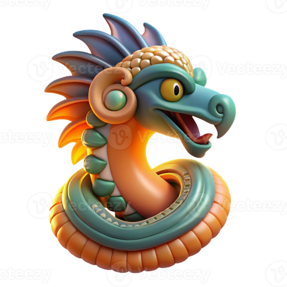 extraordinary contemporary A proud Aztec Quetzalcoatl, its feathered serpent body coiling through the air, illuminated by a vibrant sunset, in a Mesoamerican art style premium png