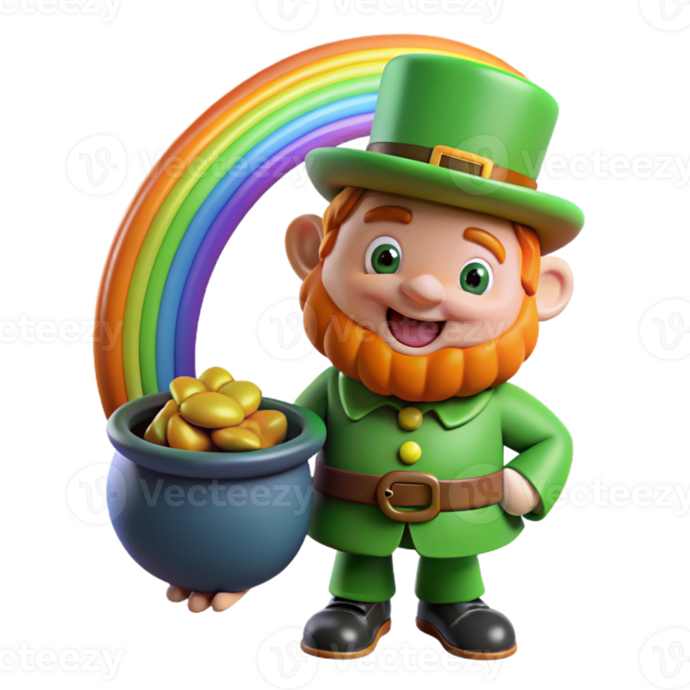 elegant vintage A mischievous Irish leprechaun, guarding a pot of gold at the end of a rainbow, illuminated by the rainbow's light, in a cartoon style detailed png