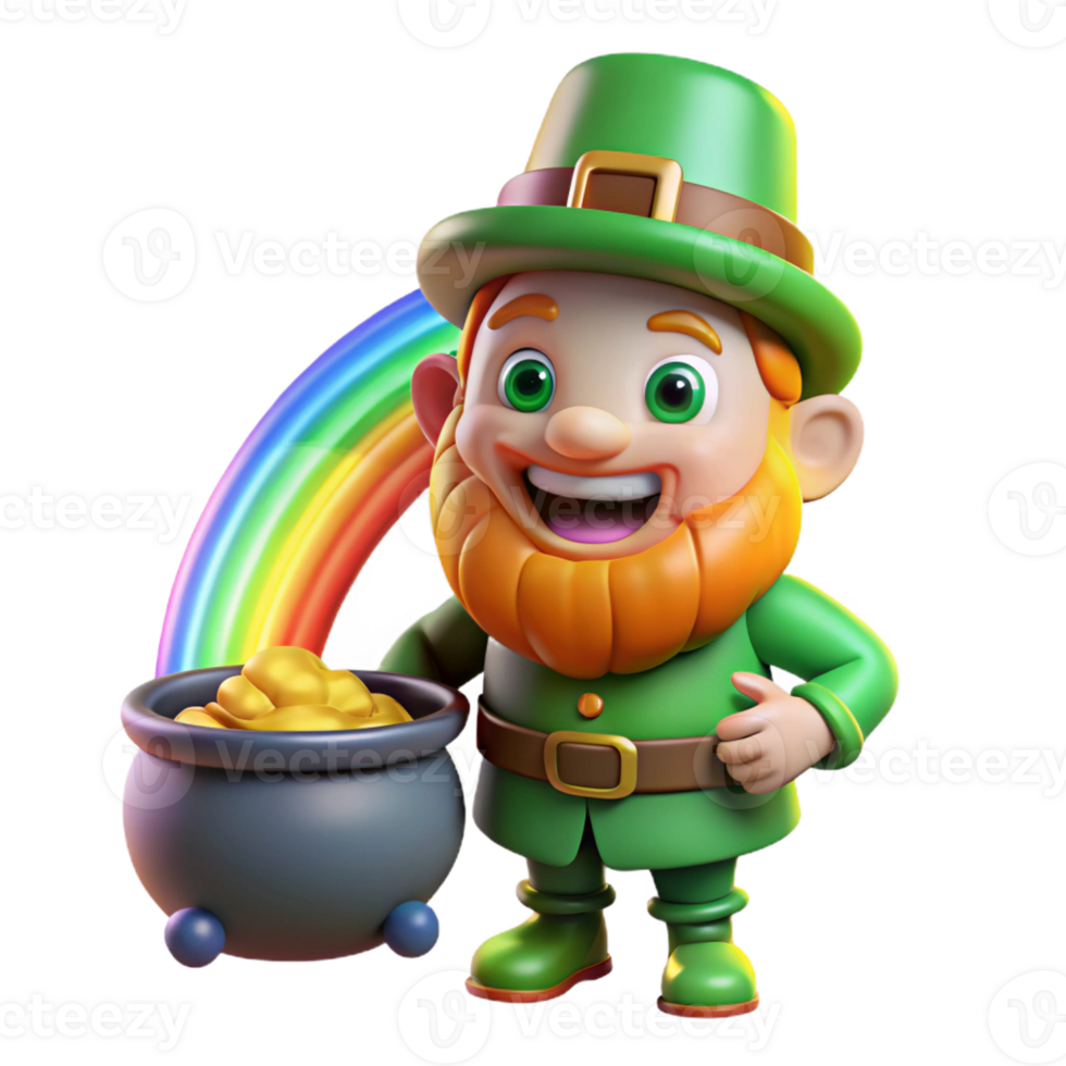 beautiful creative A mischievous Irish leprechaun, guarding a pot of gold at the end of a rainbow, illuminated by the rainbow's light, in a cartoon style exclusive png